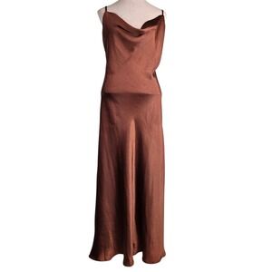 Woman's Brown Satin Slip Dress XL Cowl Neck Spaghetti Strap Minimalist Y2K Style
